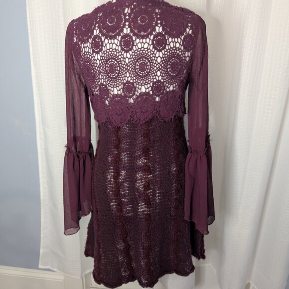 Free People Burgundy Knit and Crochet Dress, Size M, Bell Sleeves - Picture 7 of 8